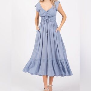 Pink Blush Light Blue Smocked Ruched Ruffle Hem Maternity Dress